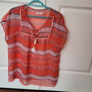 Bossini geometric orange blue top short sleeves blous,Size large